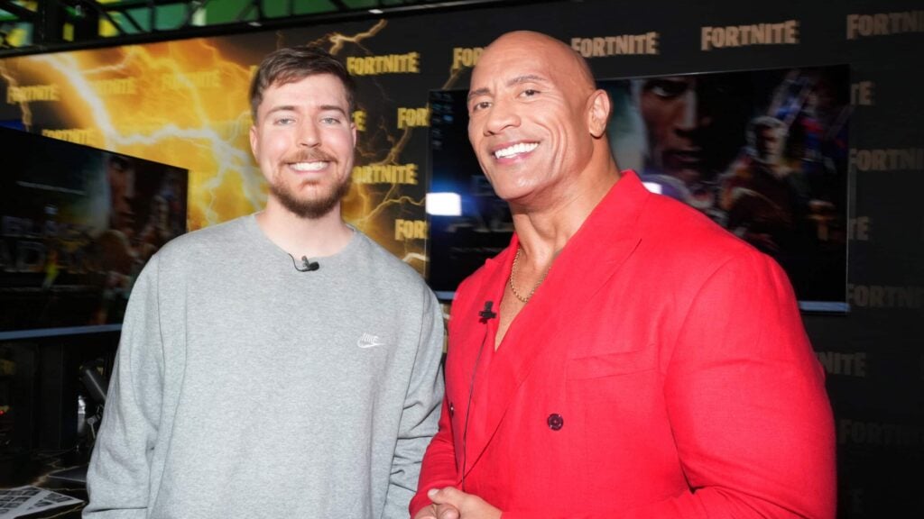 MrBeast and Dwayne Johnson attend DC's "Black Adam" New York Premiere at AMC Empire 25 on October 12, 2022 in New York City.