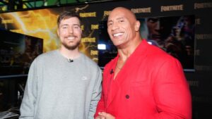 MrBeast and Dwayne Johnson attend DC's "Black Adam" New York Premiere at AMC Empire 25 on October 12, 2022 in New York City.