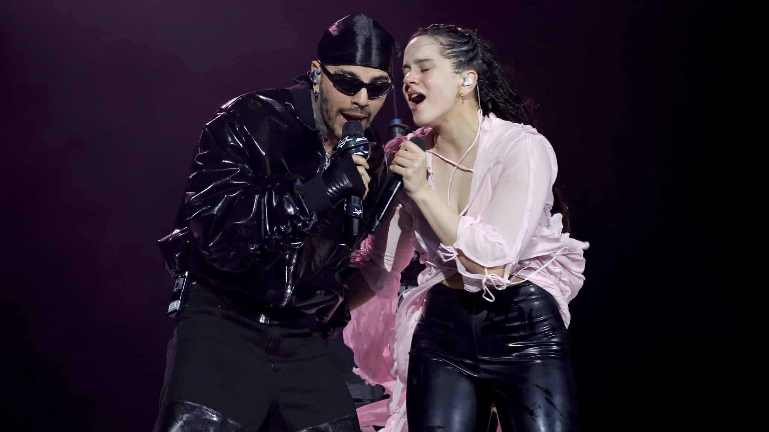 INDIO, CALIFORNIA - APRIL 15: (L-R) Rauw Alejandro performs with Rosalía at the Coachella Stage during the 2023 Coachella Valley Music and Arts Festival on April 15, 2023 in Indio, California.
