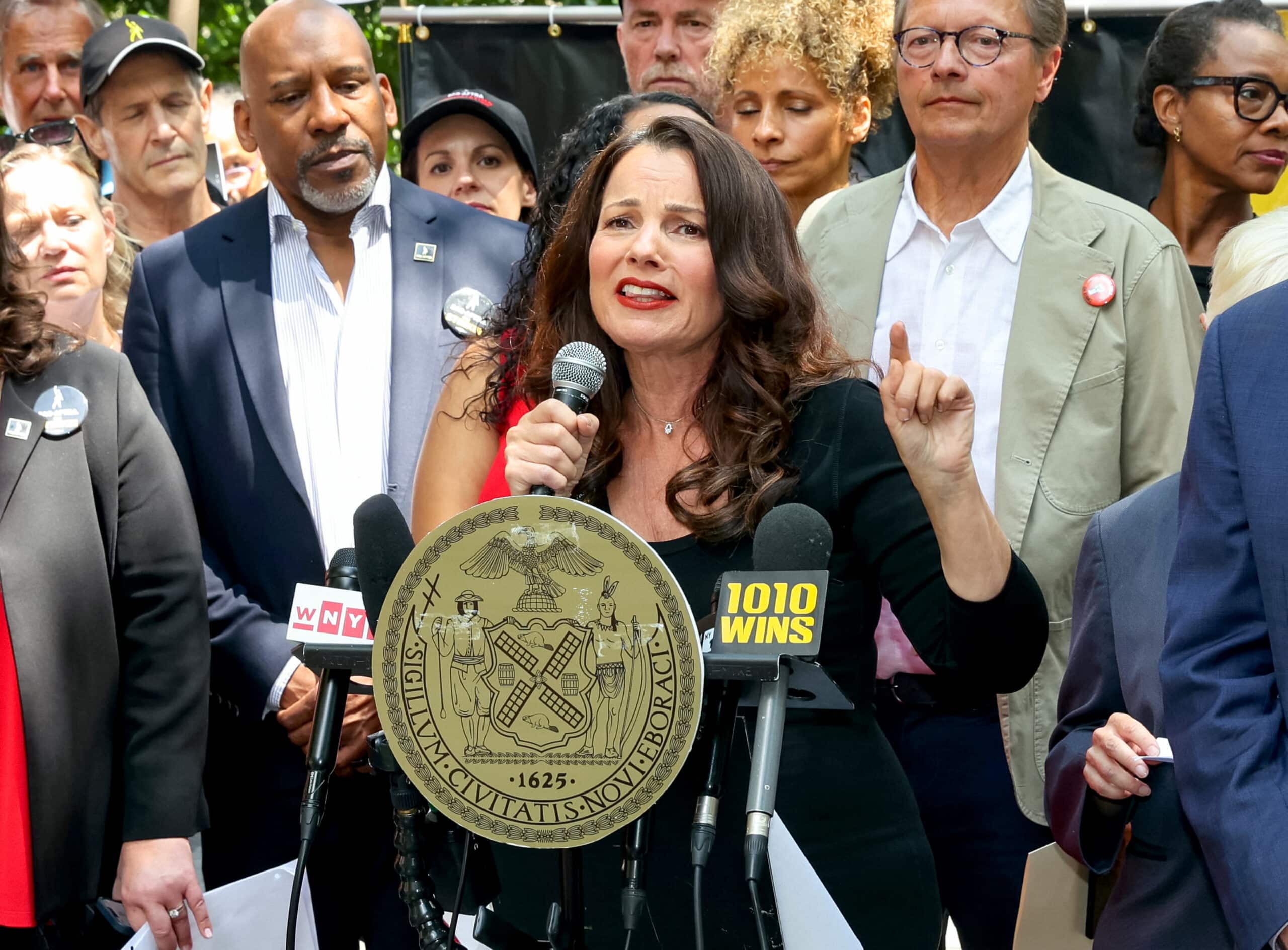 NEW YORK, NY - AUGUST 01: Ezra Knight and SAG-AFTRA National President Fran Drescher are seen at the SAG-AFTRA rally outside the City Hall in Downtown, Manhattan on August 01, 2023 in New York City.