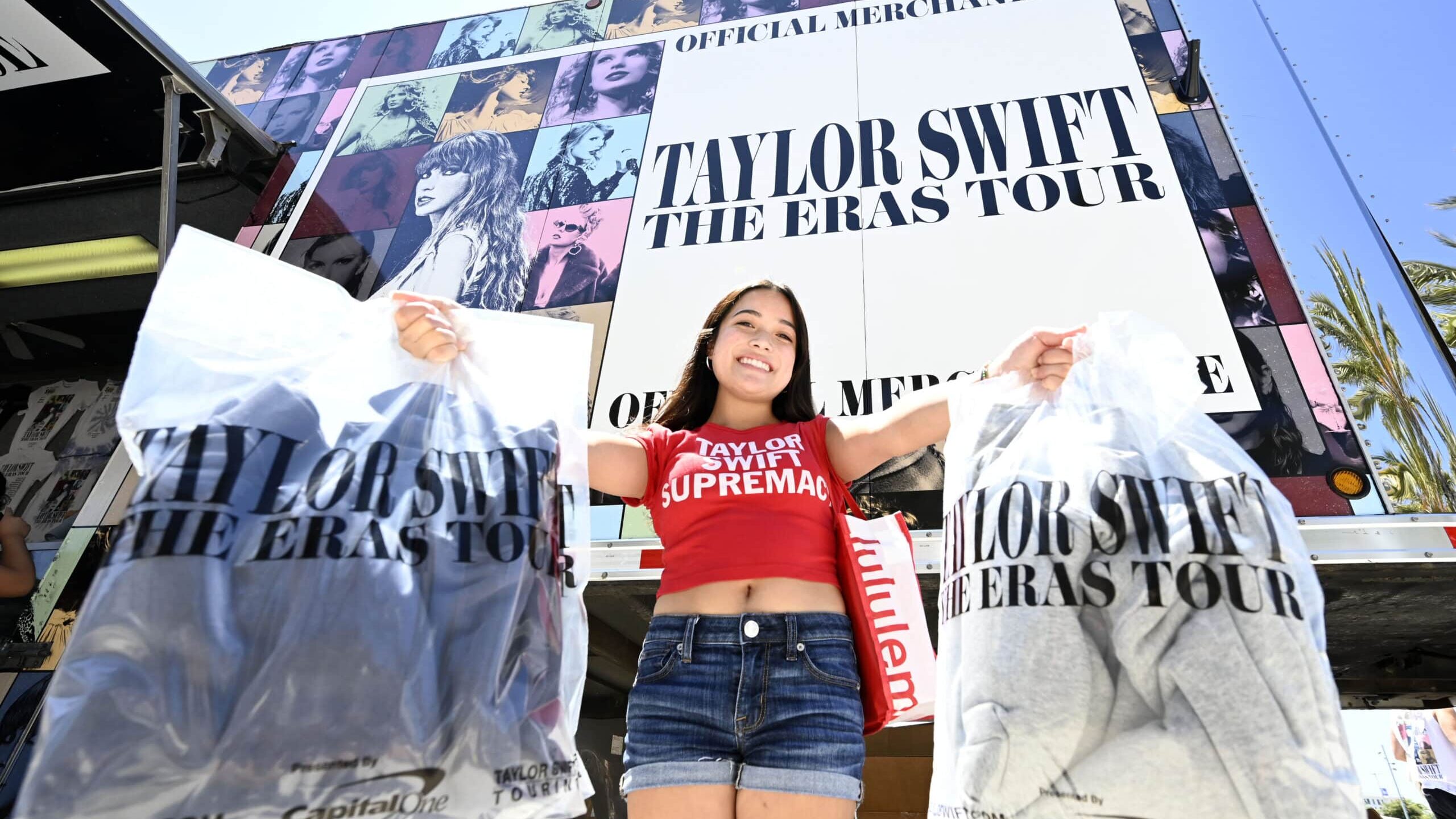 Inglewood, CA - August 02: Lili Sunga, 18 waited in linear 5 hours to purchase Taylor Swift merchandise at SoFi Stadium in Inglewood on Wednesday, August 2, 2023. Sunga spent $484 for tees and sweatshirts that she will wear to the concert, her second Swift concert. The Eras Tour at SoFi officially begins Thursday, with additional performances set for Friday, Saturday, Monday, Tuesday and Wednesday. Some of the merchandise is venue only and therefore sales were limited, 2 per person and even then items were selling out quickly.