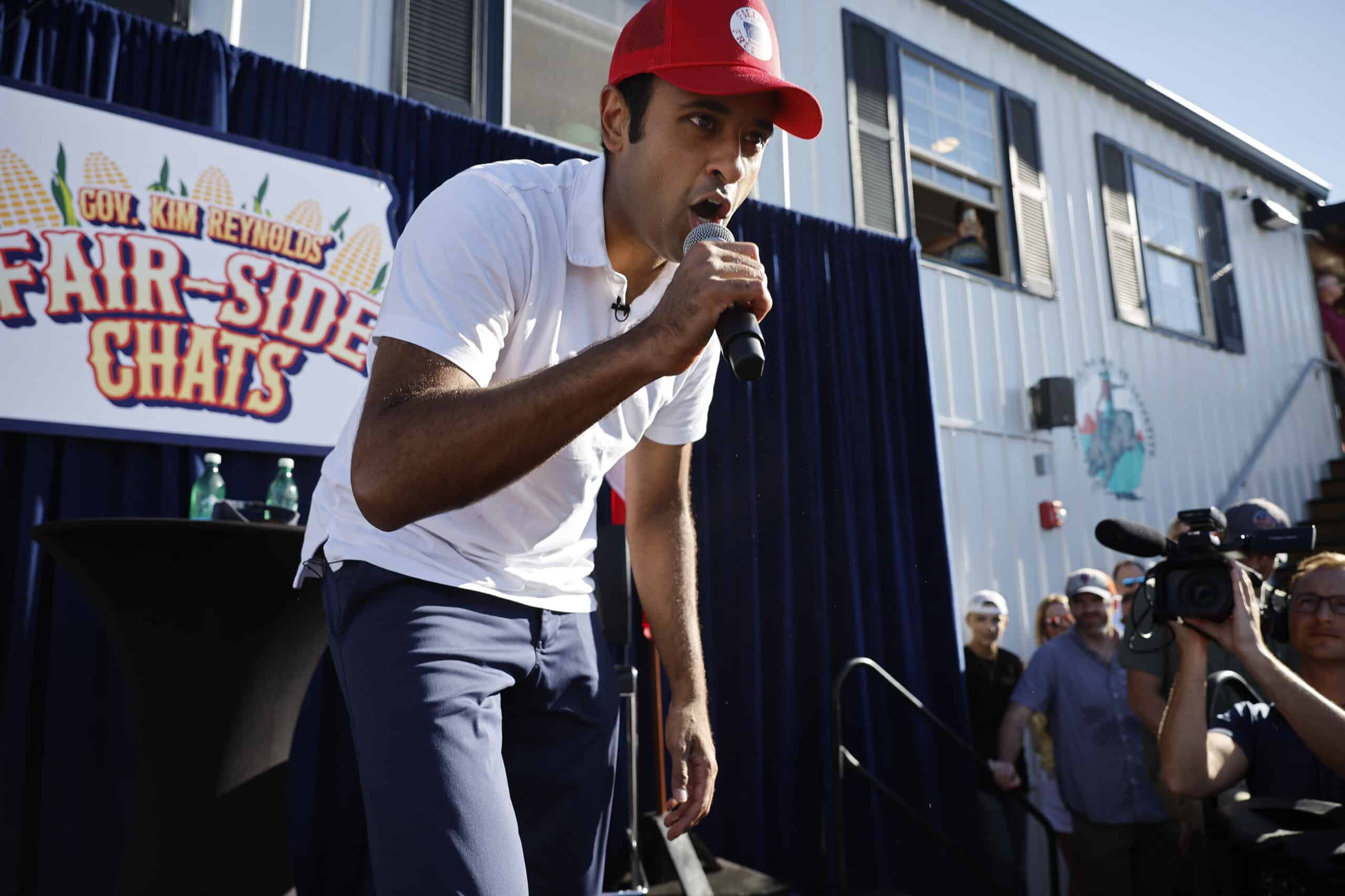 DES MOINES, IOWA - AUGUST 12: Biotech millionaire and Republican presidential candidate Vivek Ramaswamy raps to Eminem's "Lose Yourself" at the conclusion of one of Iowa Governor Kim Reynolds' "Fair-Side Chats" at the Iowa State Fair on August 12, 2023 in Des Moines, Iowa. Republican and Democratic presidential hopefuls are visiting the fair, a tradition in one of the first states that will test candidates with the 2024 caucuses. 