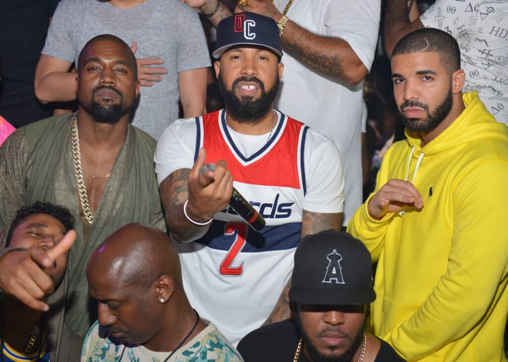 Kanye West, Kenny Burns and Drake attend at Compound on June 20, 2015 in Atlanta, Georgia.