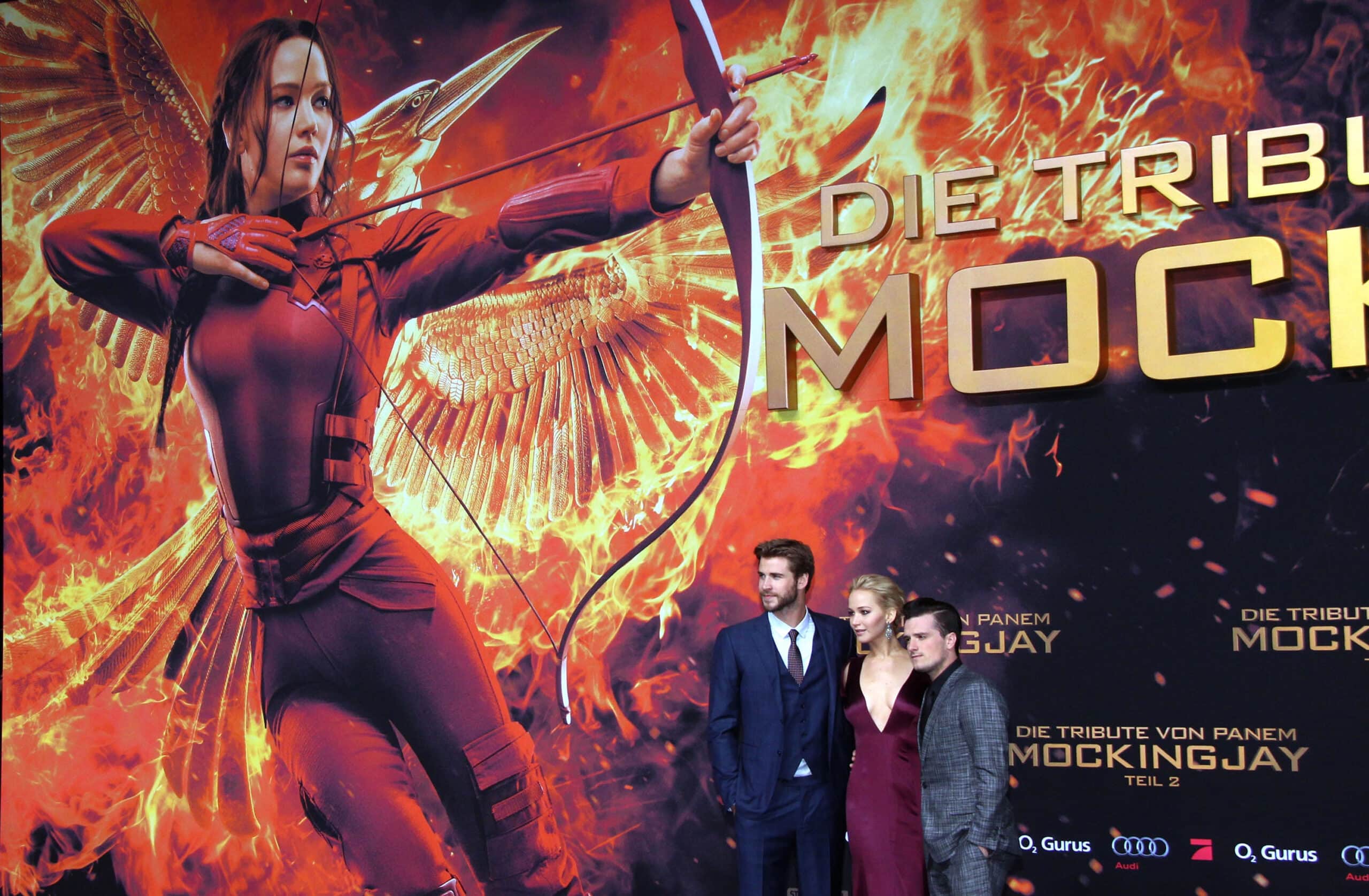 BERLIN, GERMANY - NOVEMBER 04: Actors Liam Hemsworth, Jennifer Lawrence and Josh Hutcherson attend the world premiere of the film 'The Hunger Games: Mockingjay - Part 2' at CineStar on November 4, 2015 in Berlin, Germany