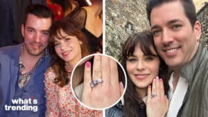 Jonathan Scott and Zooey Deschanel smiling together, with a close-up of Zooey's engagement ring on her hand.