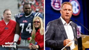 Ole Miss football player in uniform with two people on the left; man speaking at SEC event on the right.
