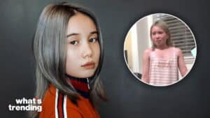 Young woman with gray hair in red jacket next to inset of crying girl in pink striped tank top