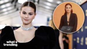 Selena Gomez in a black dress with puffed sleeves and a pearl necklace, inset of a woman in a black blazer and sequined skirt