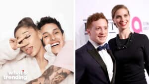 Ariana Grande and a man posing playfully; a man in a tuxedo and a woman in a black dress smiling at an event.