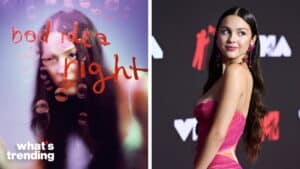 Olivia Rodrigo with "bad idea right" written in red lipstick on a mirror and posing on the red carpet in a pink dress