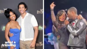 Keke Palmer and Darius Jackson smiling on red carpet and dancing on stage during a performance