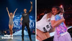 Taylor Swift and Kobe Bryant on stage at a concert, and Taylor Swift hugging a young girl in a sequined jacket