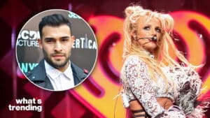 Britney Spears performing on stage with inset of actor Michele Morrone at an event backdrop