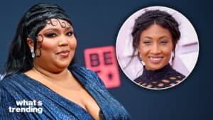 Lizzo in a blue dress with styled hair, inset of Tinashe smiling in a black patterned top
