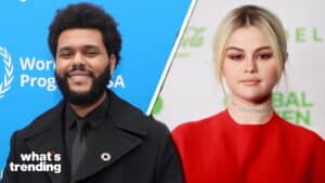 The Weeknd smiling in a black coat and Selena Gomez in a red top with a choker necklace at separate events
