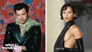 Harry Styles wearing a black leather jacket with green fur collar and a model in a black leather halter top and gloves.