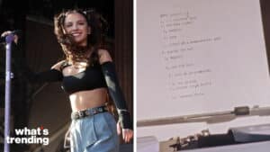 Olivia Rodrigo performing on stage next to a typewriter with a list of song titles typed on paper.