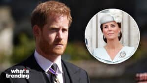 Prince Harry in a suit with a medal, inset of Kate Middleton wearing a light blue outfit and hat
