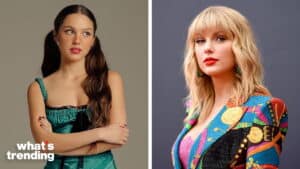 Olivia Rodrigo in a teal dress and Taylor Swift in a colorful patterned jacket with red lipstick