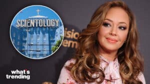 Leah Remini with inset of the Church of Scientology building and "what's trending" logo