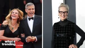 Julia Roberts and George Clooney smiling on the red carpet, Meryl Streep posing in black outfit with glasses