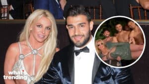 Britney Spears and Sam Asghari smiling at an event, inset shows Spears being held by shirtless men.