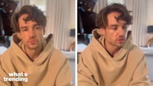 Liam Payne wearing a beige hoodie speaking in a split-screen video with "what's trending" logo.