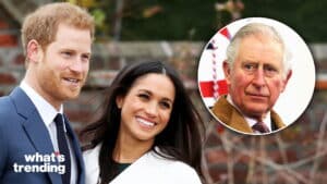 Prince Harry and Meghan Markle smiling outdoors with an inset of Prince Charles looking serious