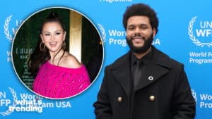 The Weeknd in black coat at World Food Programme event with inset of Selena Gomez in pink sweater