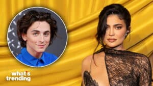 Kylie Jenner in black lace dress and Timothée Chalamet in blue shirt on yellow background with "what's trending" text