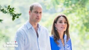 Prince William and Kate Middleton outdoors with blurred green foliage background