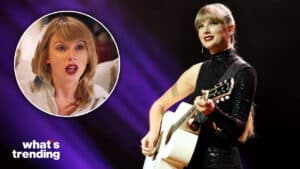 Taylor Swift performing on stage with a white guitar and an inset of her speaking in an interview