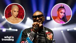Usher singing on stage with inset photos of Kim Kardashian and Saweetie against a spotlight background
