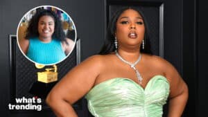 Lizzo in a green strapless dress with diamond jewelry at the Grammy Awards, inset of a smiling woman in a blue top.
