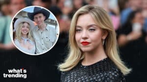 Sydney Sweeney with red lipstick and black dress, inset of Sydney Sweeney and a man in cowboy hats smiling outdoors