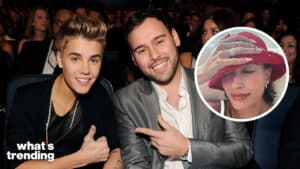 Justin Bieber and Scooter Braun smiling at an event with an inset of Hailey Bieber wearing a red hat and rings.