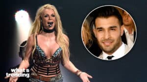 Britney Spears performing on stage with inset photo of Sam Asghari smiling at event