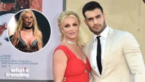 Britney Spears in a red dress posing with a man in a beige suit at a movie premiere, inset of her performing on stage.