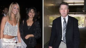 Britney Spears in a silver crop top and a woman in black at an event, and a man in a suit walking in a tunnel.