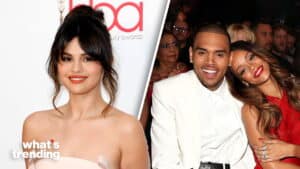 Selena Gomez smiling at an event, Chris Brown and Rihanna posing together at an awards show.
