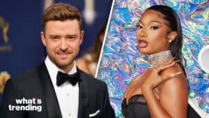 Justin Timberlake in a tuxedo and Megan Thee Stallion in a black outfit with a sparkling choker against a holographic background