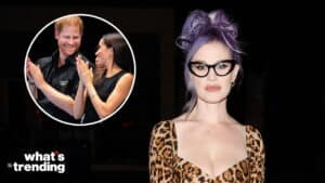 Woman with purple hair and black glasses wearing leopard print dress, inset of Prince Harry and Meghan Markle clapping at Invictus Games