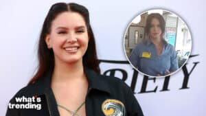 Lana Del Rey smiling at an event with an inset of her in a blue uniform shirt inside a diner.
