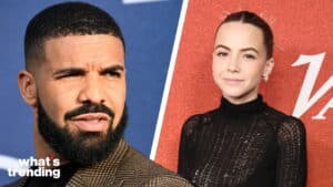 Rapper Drake in a brown checkered jacket and a woman in a black lace top at a red carpet event with "what's trending" text.