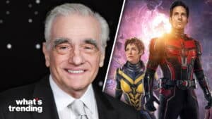 Martin Scorsese smiling next to promotional image of Ant-Man and the Wasp characters in superhero suits