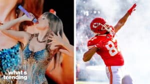 Taylor Swift singing on stage and Kansas City Chiefs player celebrating in football uniform