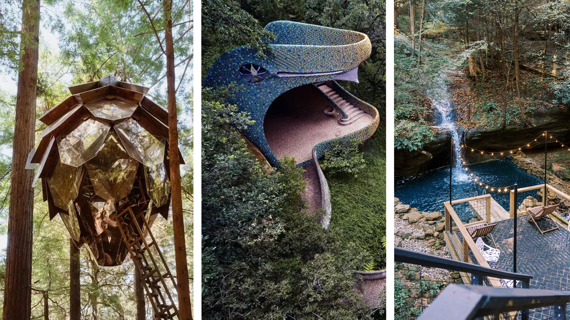 The Pinecone Treehouse, Quetzalcoatl’s Nest, and The Cantwell Lodge are among the beautiful Airbnb vacation abodes. (Credit: Airbnb)