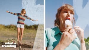 Woman balancing on a log outdoors wearing a striped sweater and another woman eating an ice cream cone in a teal shirt
