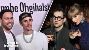 Scooter Braun with Justin Bieber and Jack Antonoff with Taylor Swift holding drinks at events