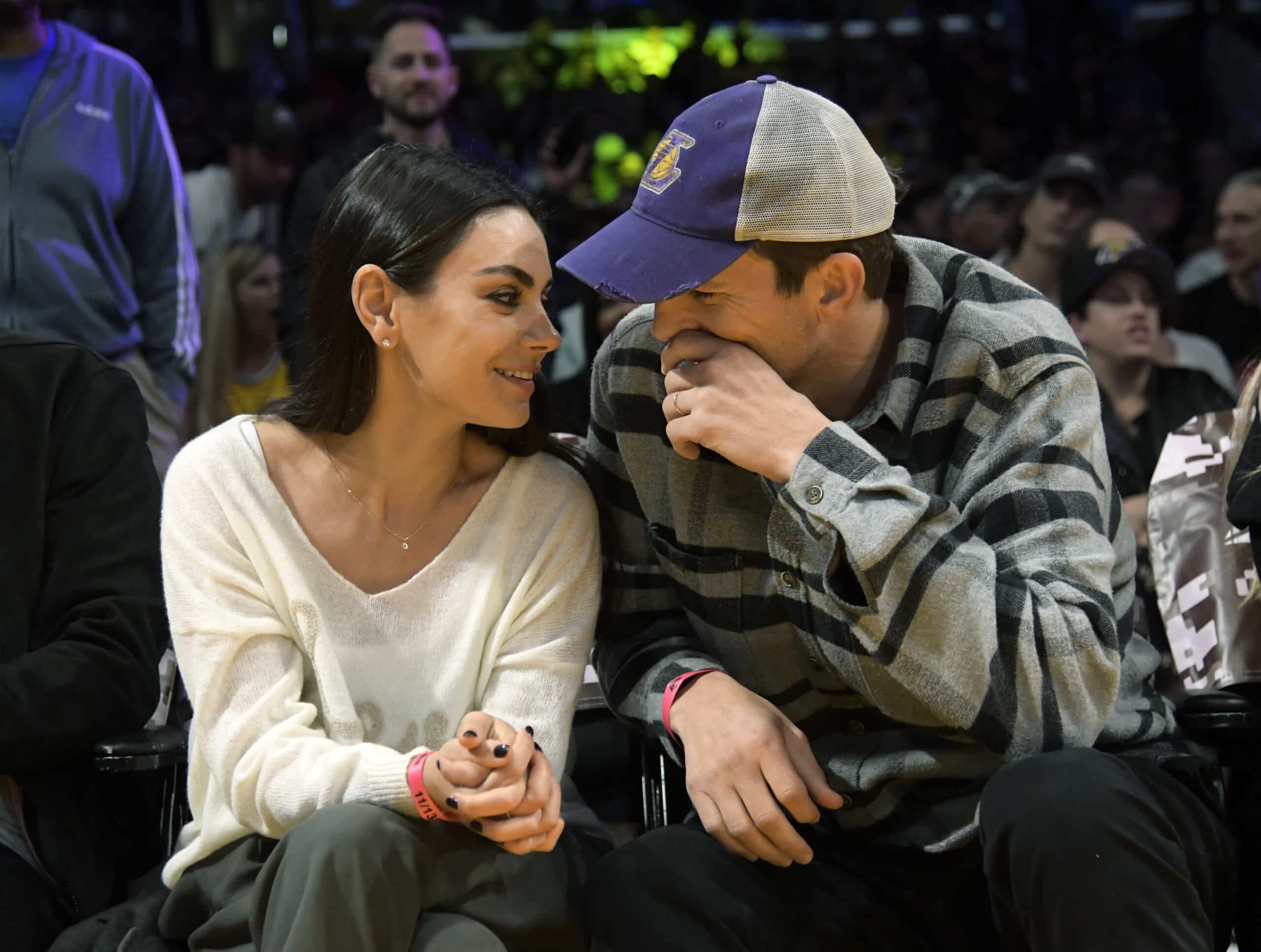 LOS ANGELES, CA - NOVEMBER 13: Mila Kunis and Ashton Kutcher attend a basketball between the Los Angeles Lakers and the Brooklyn Nets at Crypto.com Arena on November 13, 2022 in Los Angeles, California. NOTE TO USER: User expressly acknowledges and agrees that, by downloading and or using this photograph, User is consenting to the terms and conditions of the Getty Images License Agreement. 